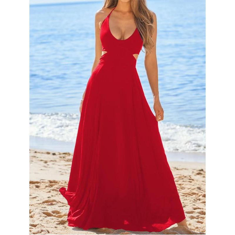 Black Plain Cut Out Back Halter Maxi Dress