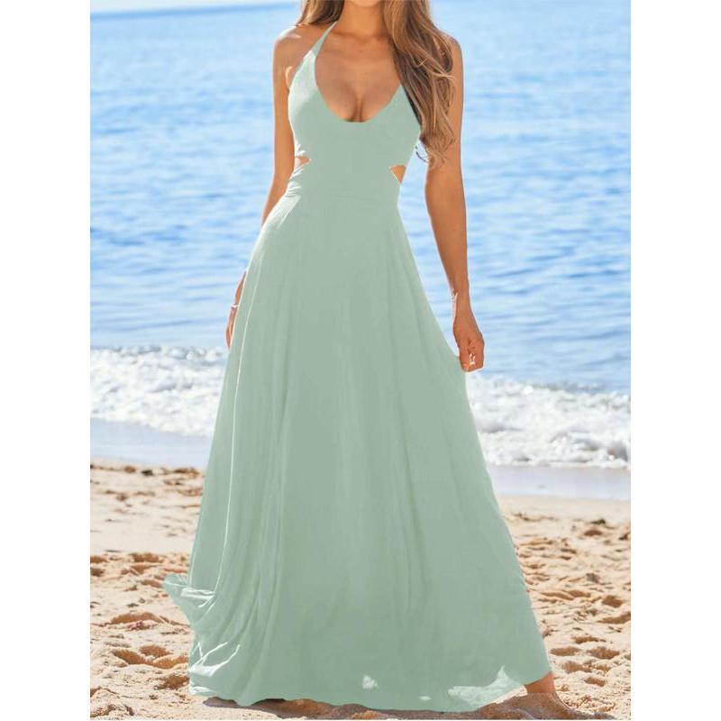 Black Plain Cut Out Back Halter Maxi Dress