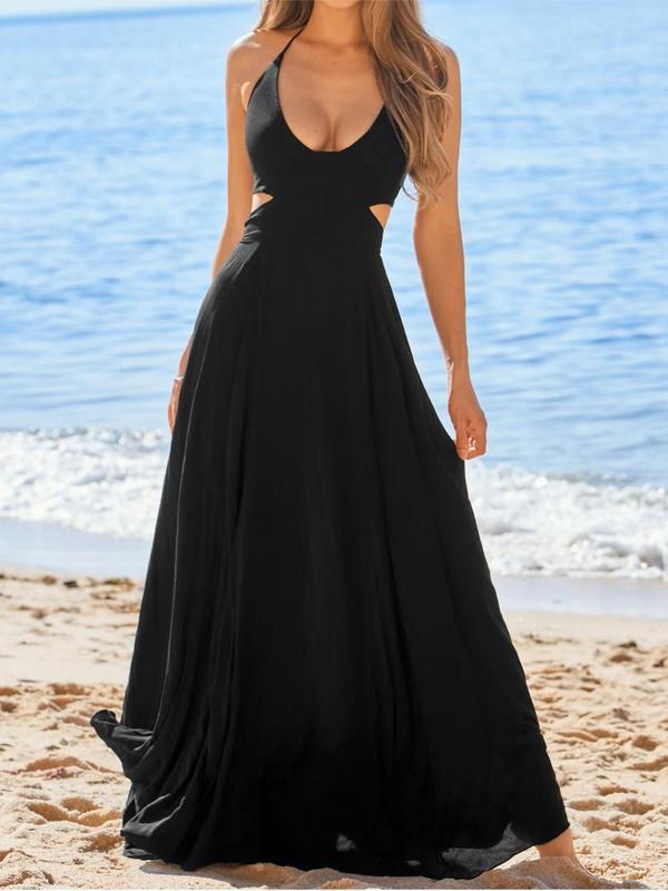 Black Plain Cut Out Back Halter Maxi Dress