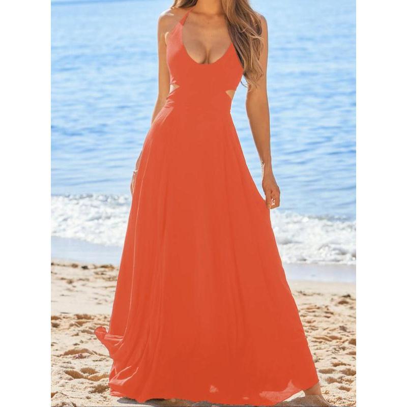 Black Plain Cut Out Back Halter Maxi Dress