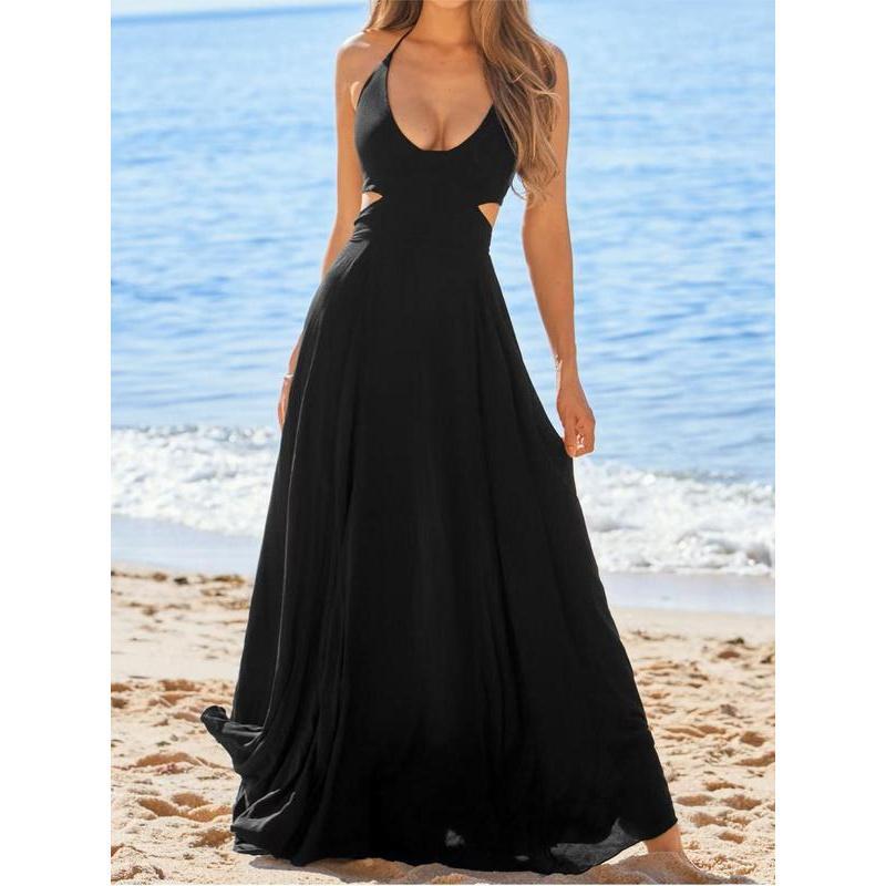 Black Plain Cut Out Back Halter Maxi Dress