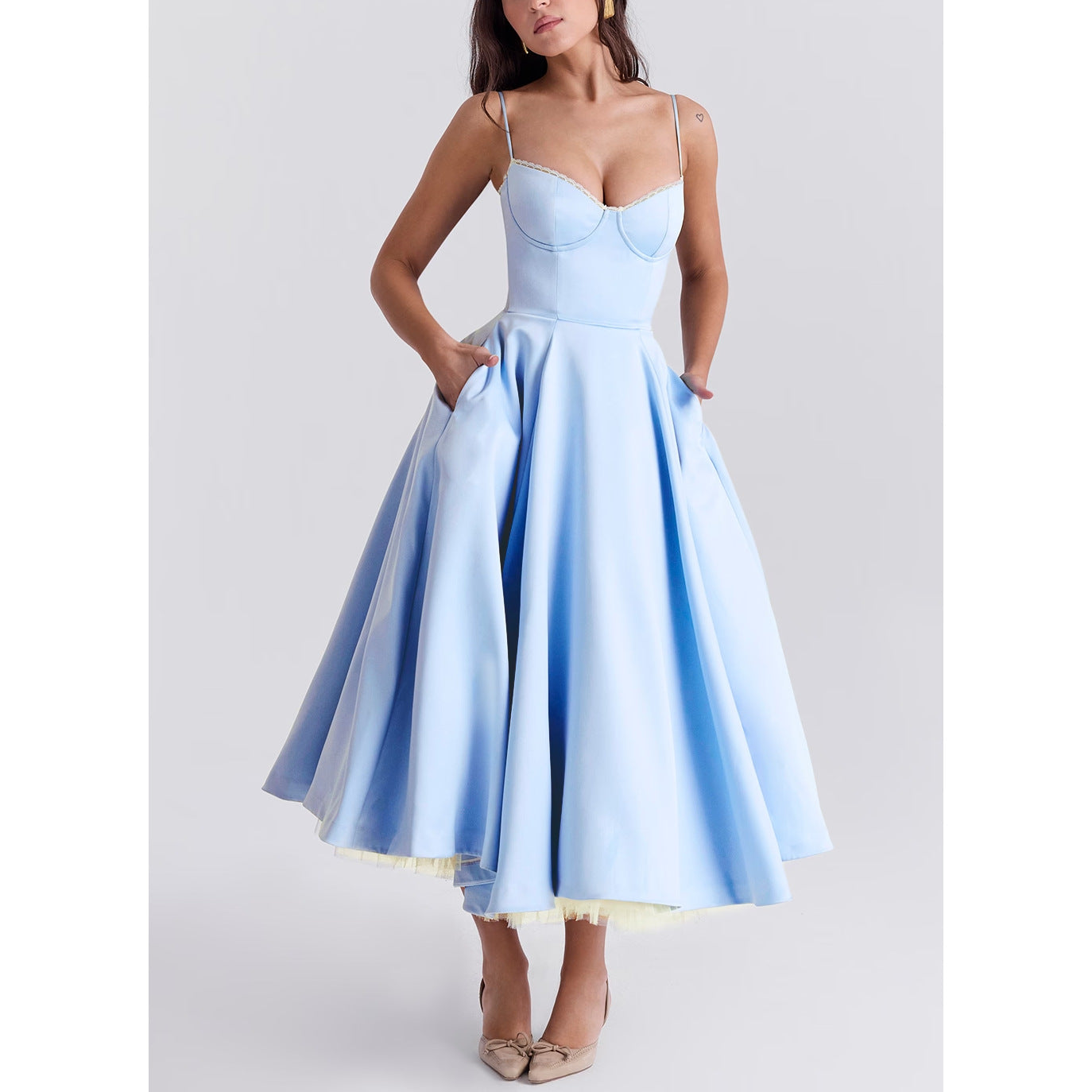 Sleeveless V Neck Camisole Dress Puff Skirt Maxi Style