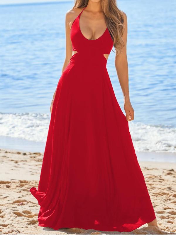 Black Plain Cut Out Back Halter Maxi Dress