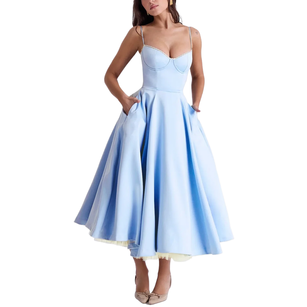 Sleeveless V Neck Camisole Dress Puff Skirt Maxi Style