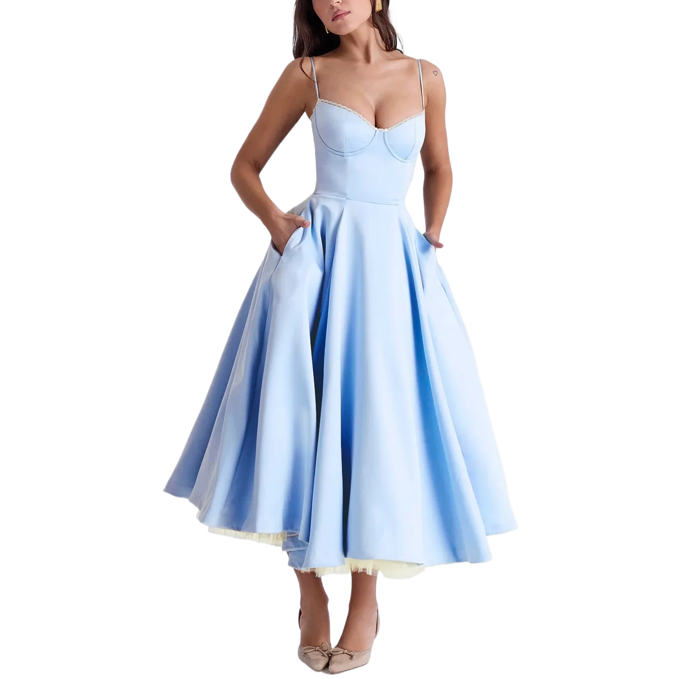 Sleeveless V Neck Camisole Dress Puff Skirt Maxi Style