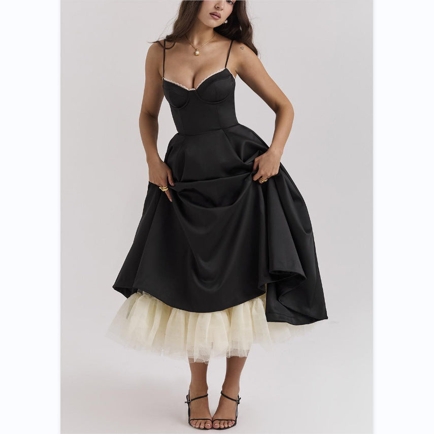 Sleeveless V Neck Camisole Dress Puff Skirt Maxi Style